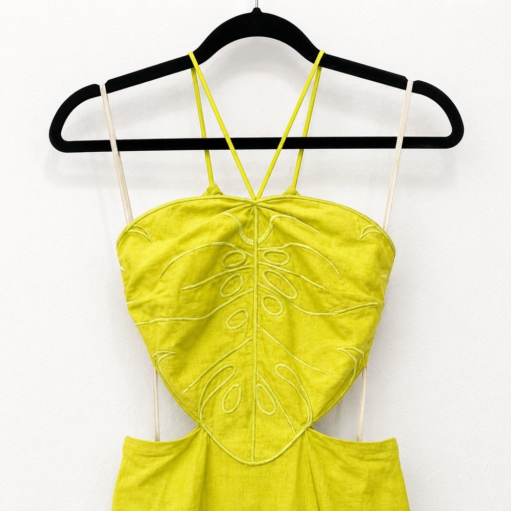 Farm Rio Monstera Leaf Embroidered Cut-Out Midi Dress Lime Green Small - Picture 4 of 6